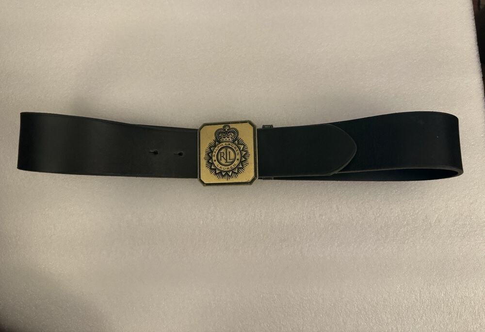 RARE VTG Ralph Lauren Black Leather Sunburst Crown Crest Brass Buckle Belt M